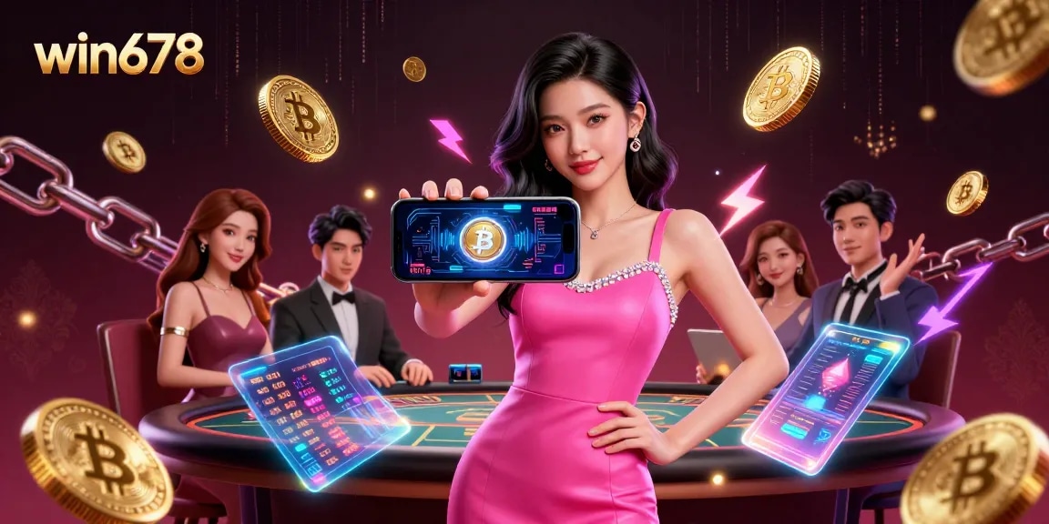 Win678 showcases an Asian woman enjoying a live dealer game on her smartphone amid vibrant casino elements.