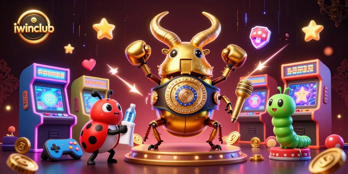 Play exciting games at iwinclub with a vibrant 3D casino illustration featuring engaging characters.