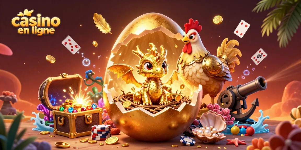 Plongez dans l'univers ludique du casino en ligne avec un dragon doré autour de jetons de poker.
