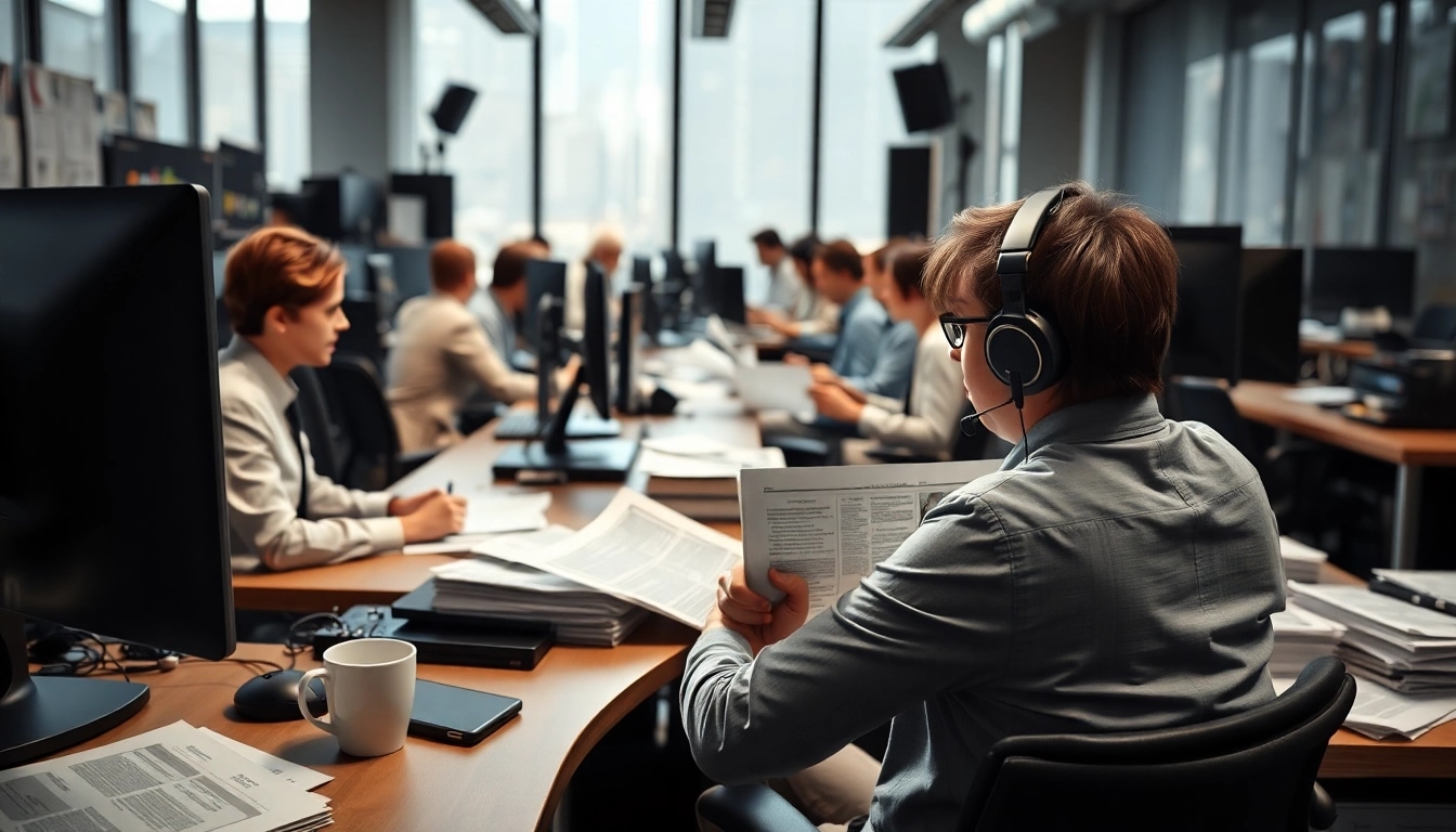 Captivating scene of a newsroom where breaking news unfolds with journalists in action.