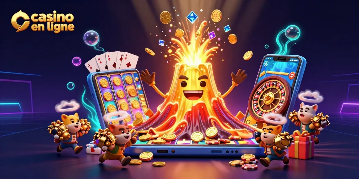Casino en ligne : volcan doré et animaux explorateurs fuyant avec des trésors.