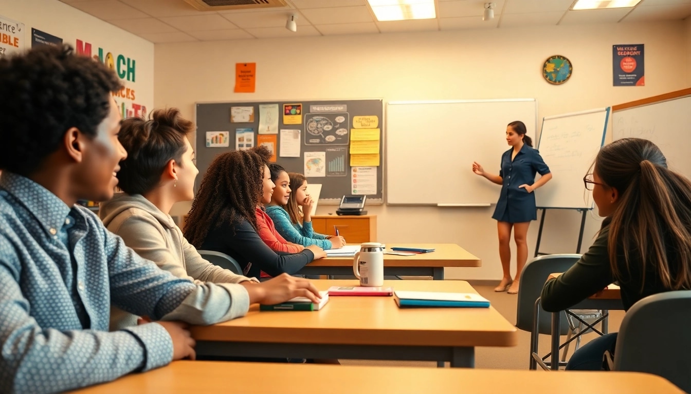 Students actively participating in an engaging education session with a teacher guiding them.