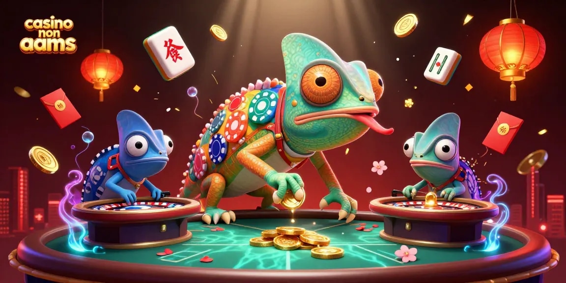 Gioca nei migliori casinò non AAMS, caratterizzati da un camaleonte che attira monete d'oro in un ambiente festoso.
