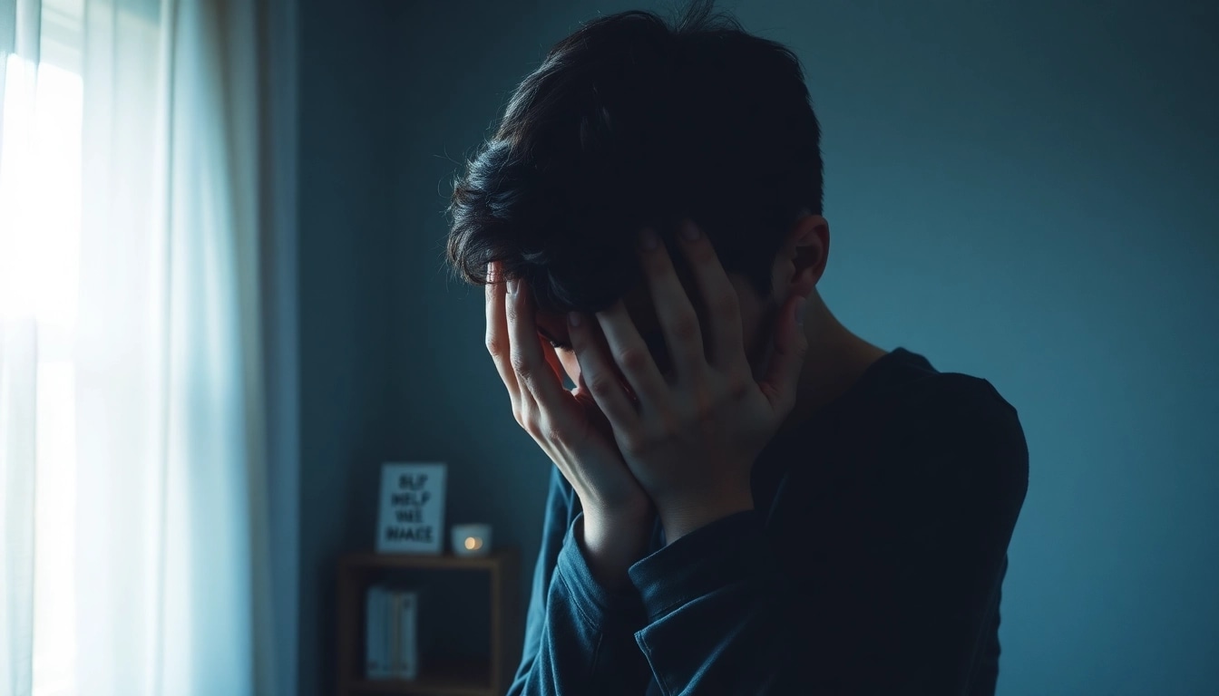 Illustration of a person experiencing depression symptoms by holding their head in distress.