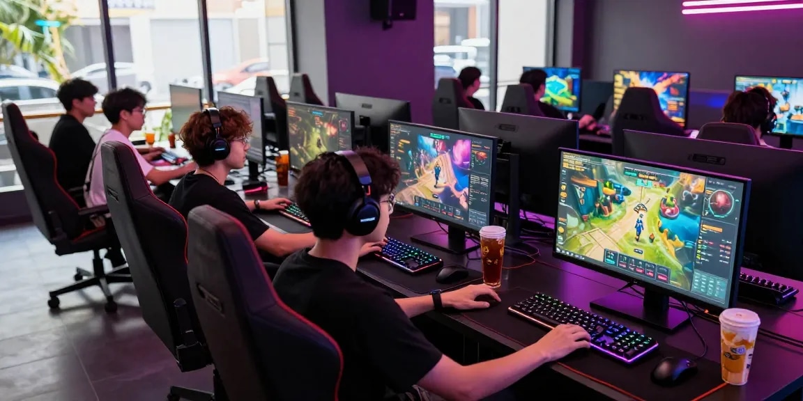 Excited gamers using Garuda303 login in a vibrant gaming lounge during a thrilling session.