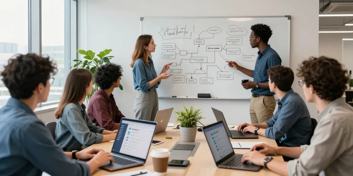 Developers collaborating on telegram中文版下载 with dynamic tech office setting.