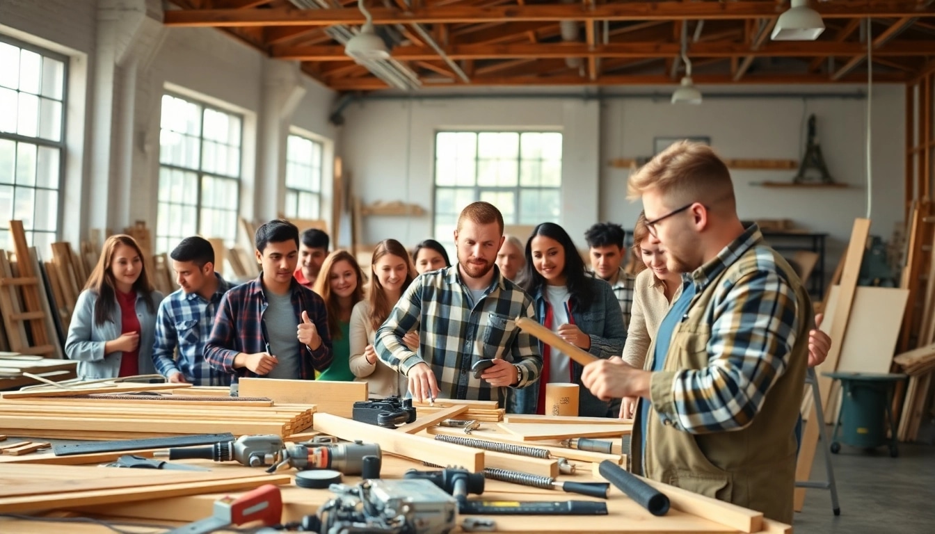 Participants engaged in hands-on construction classes with tools, focusing on practical learning experiences.