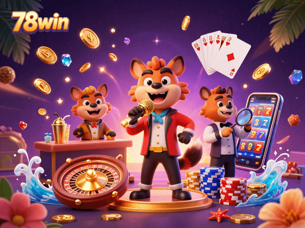 Experience the thrill of 78win with hyenas in a lively casino scene, showcasing games and fun.