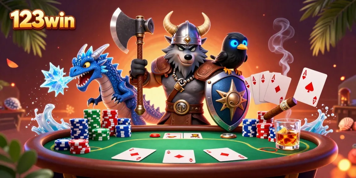 Engage in thrilling gameplay at 123win, where a Viking warrior battles alongside a fierce dragon at a dynamic poker scene.