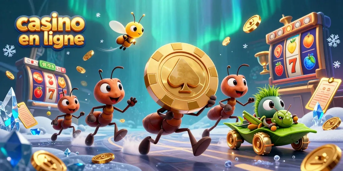 Les fourmis pillent des jetons d'or dans un tunnel, promouvant le casino en ligne.