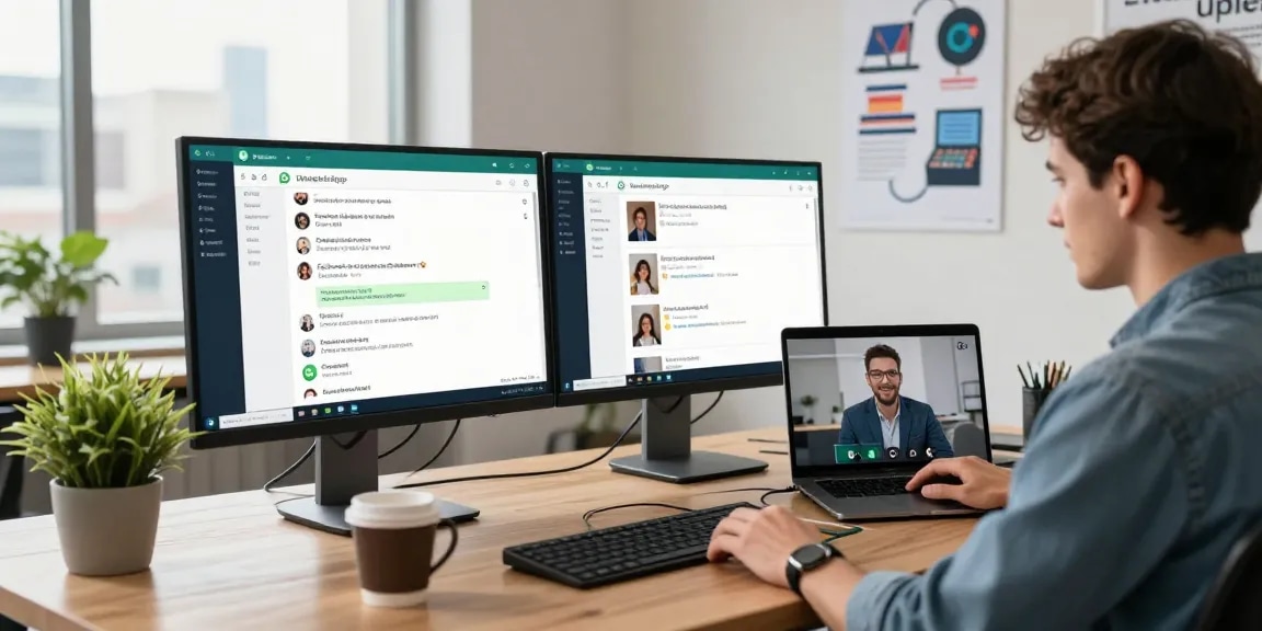 WhatsApp電腦版 in a modern workspace showcasing a professional using a desktop for seamless communication.