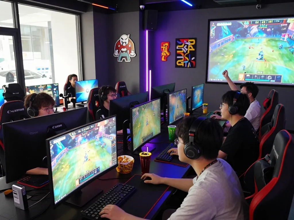 Bắn cá hubet88 action at an immersive esports gaming lounge with vibrant players.