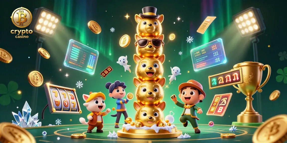 Découvrez un casino crypto coloré et dynamique avec un totem animé, jetons Bitcoin et détails extraordinaires.