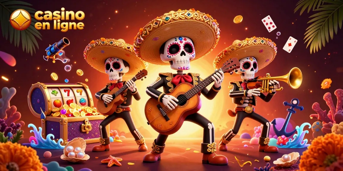 Casino en ligne : jouez avec une bande de mariachi squelettique entourée de trésors et d'éléments festifs.