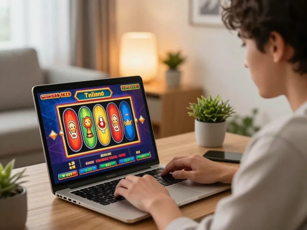 Player enjoying slot thailand online gaming on a laptop with colorful reels visible