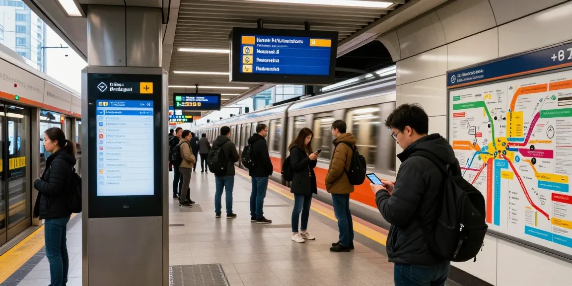 Live subway arrivals and line schedule displayed at urban station.