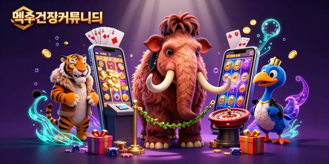 먹튀검증커뮤니티 카지노 보안을 위해 날카롭게 점검하는 멋진 맘모스와 VIP 손님 사브르 호랑이의 일러스트