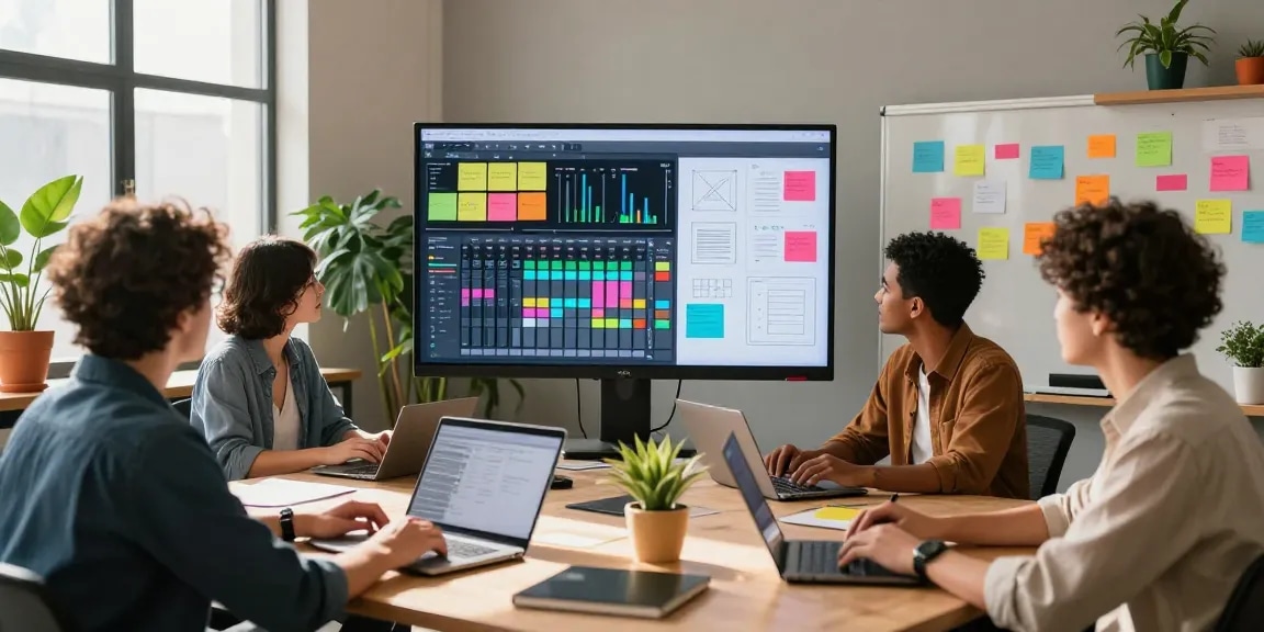 Collaboration on a digital mixboard in a vibrant modern office.