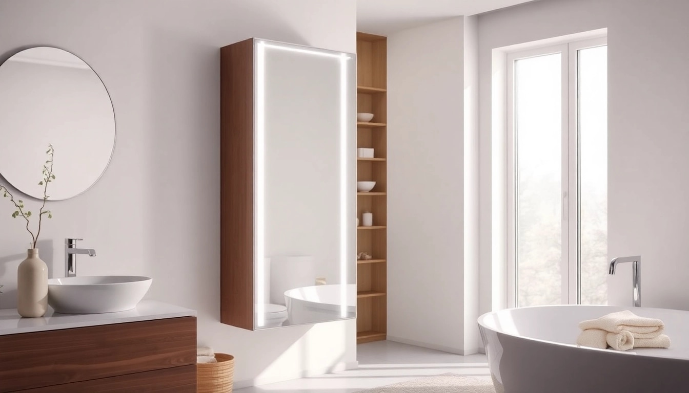 Funktionaler sonni Spiegelschrank mit modernem Design und integriertem Licht in einem Badezimmer.