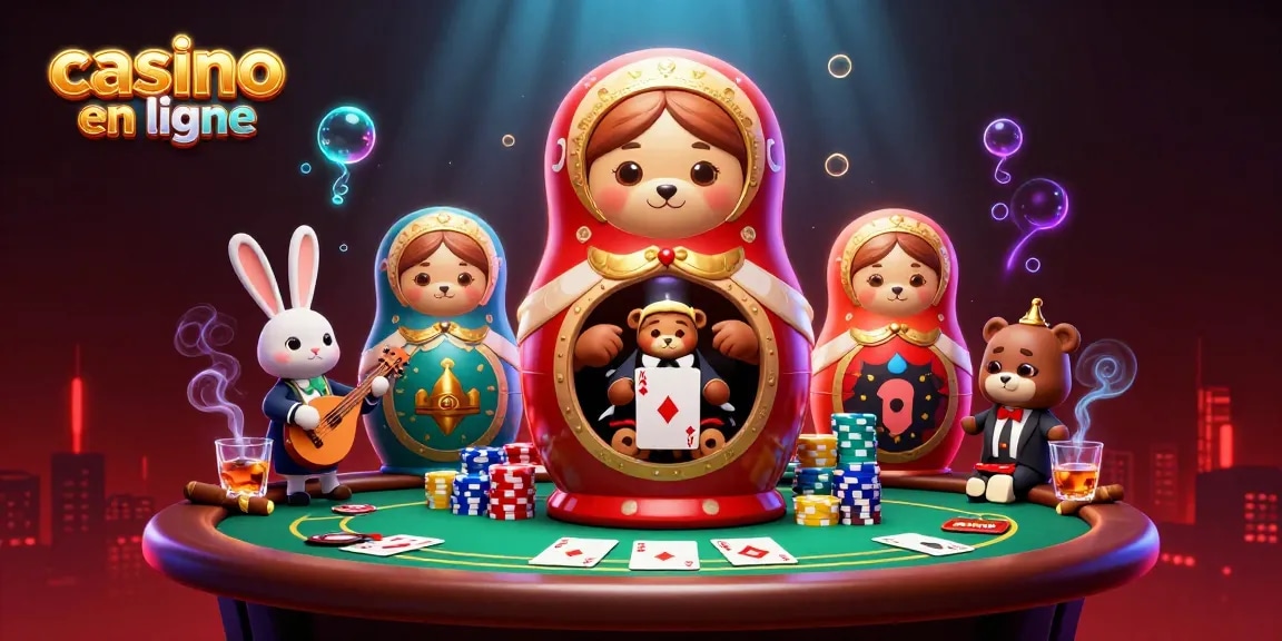 Jouez au casino en ligne avec des ours matriochka et un lapin au balalaïka. Détails colorés et festifs.