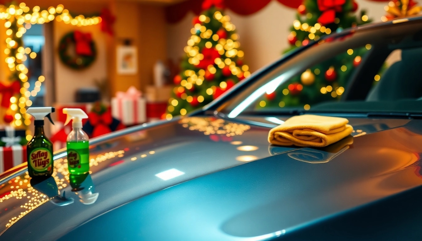 Capture the joy of a Christmas car detailing gift with a detailed car and festive decorations in the background.