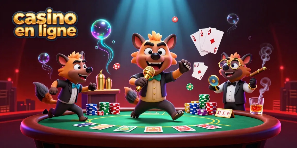 Plongez dans l'univers du casino en ligne avec des hyènes animées au bar et sur scène.