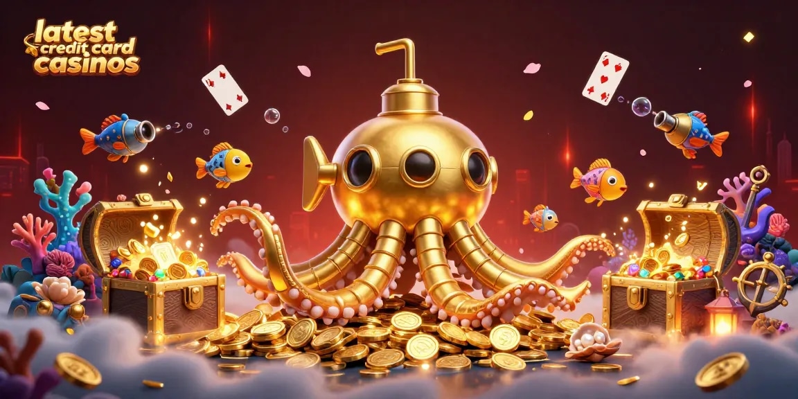 Experience the excitement of the latest credit card casinos with a vibrant 3D illustration showcasing dynamic gambling elements and thrilling underwater scenes.