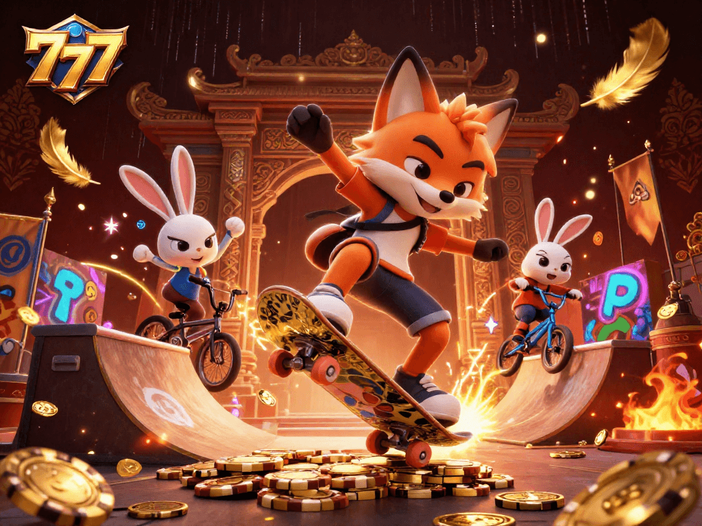 Engage with dynamic 777 gaming action featuring a fox and rabbit surrounded by casino elements.