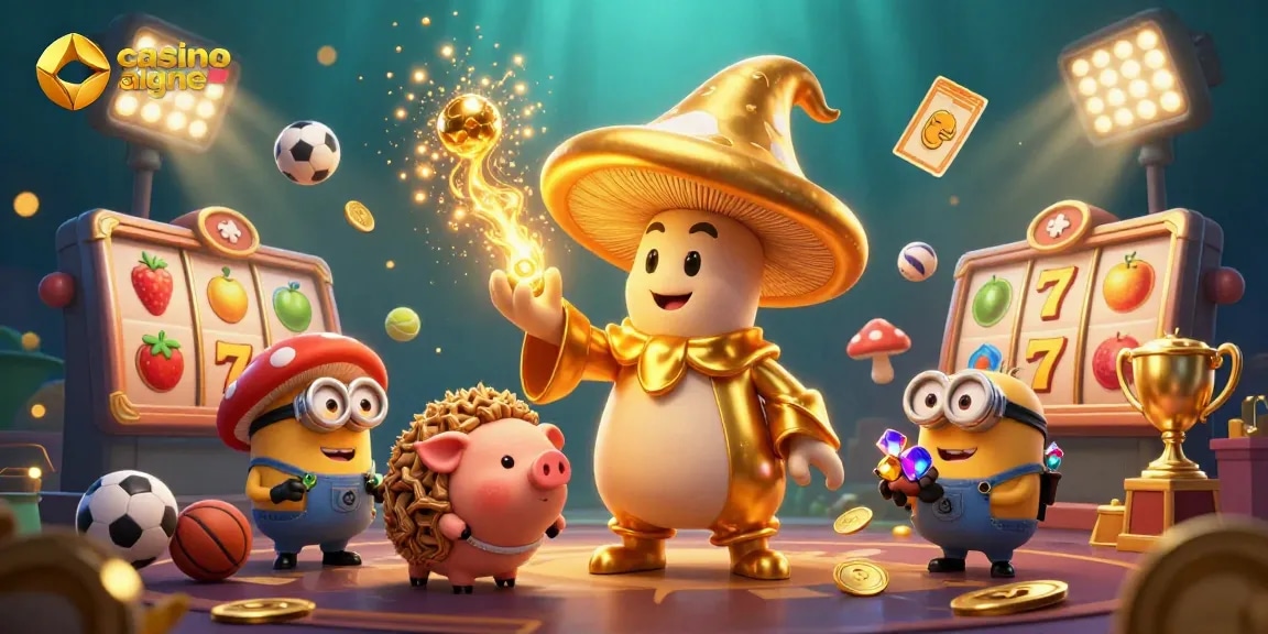 Jouez au casino en ligne avec un magicien champignon doré et des éléments de jeux dynamiques.
