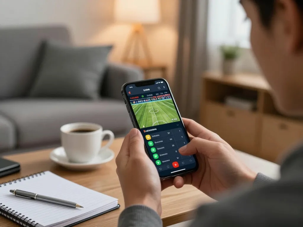 Engaged user exploring 388bet sports betting options on smartphone in a stylish living room.
