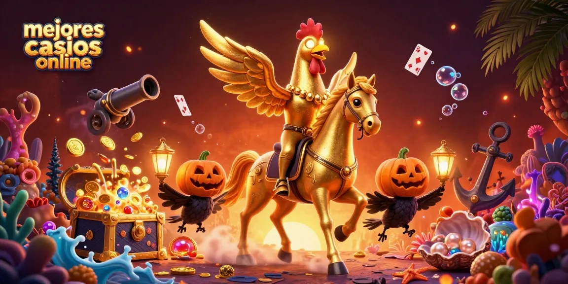 Visualiza los mejores casinos online con la ilustración de un gallo dorado en un casino vibrante.
