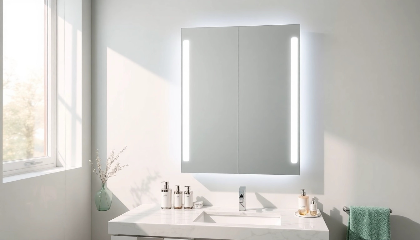 Entdecken Sie den spiegelschrank mit led Beleuchtung in einem modernen Badezimmer-Setting mit eleganten Designelementen