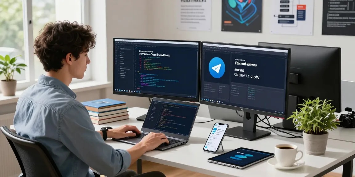 Engaged professional coding on Telegram interface in Chinese, showcasing a modern tech workspace.