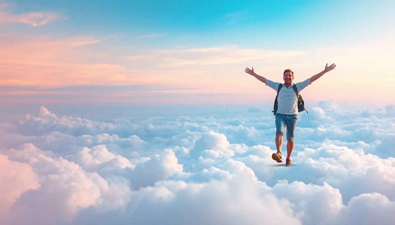 Person walking on clouds, embodying freedom and serenity in a vibrant sky, capturing the essence of Walking on Clouds.