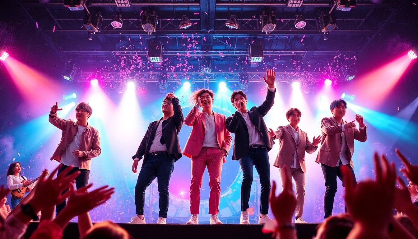 BTS members performing energetically on stage amidst vibrant lights and thrilled fans.