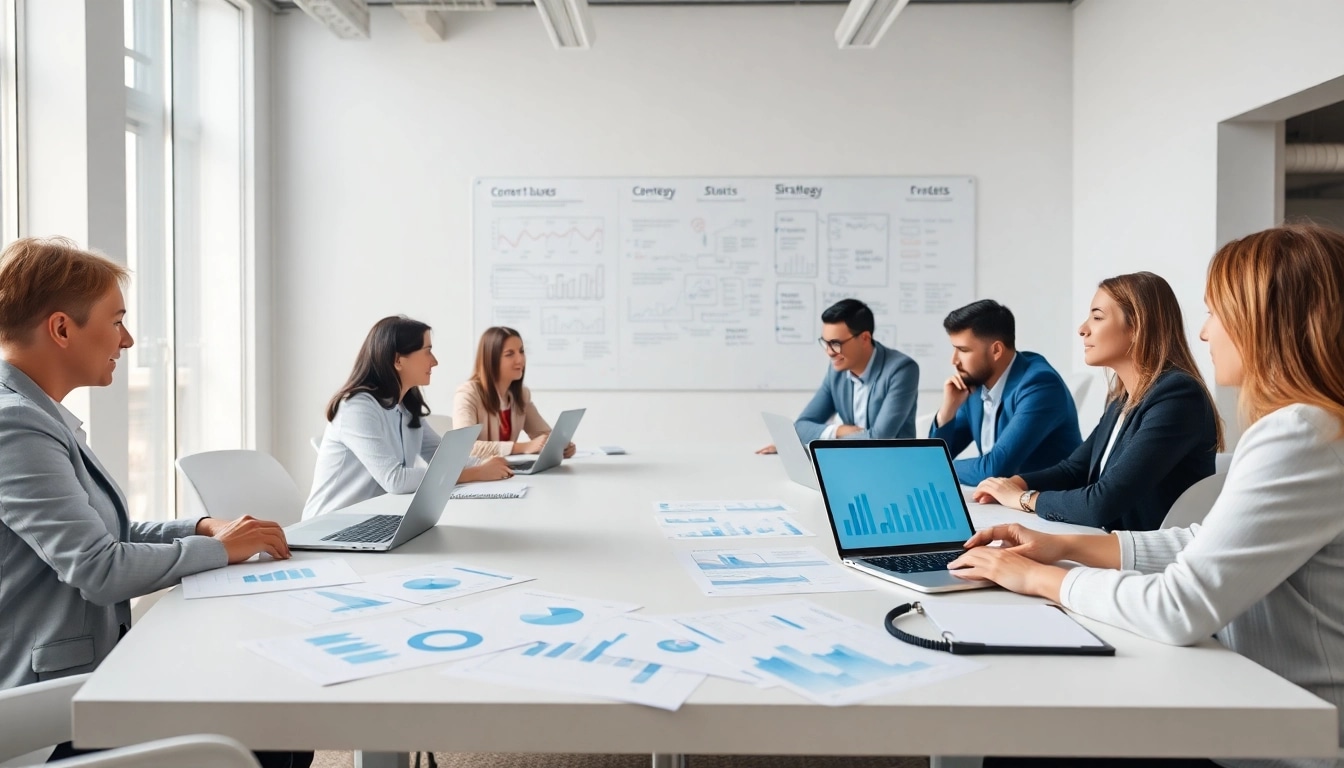 Collaborators performing a Content Gap Analysis in a modern office setting with strategic notes.