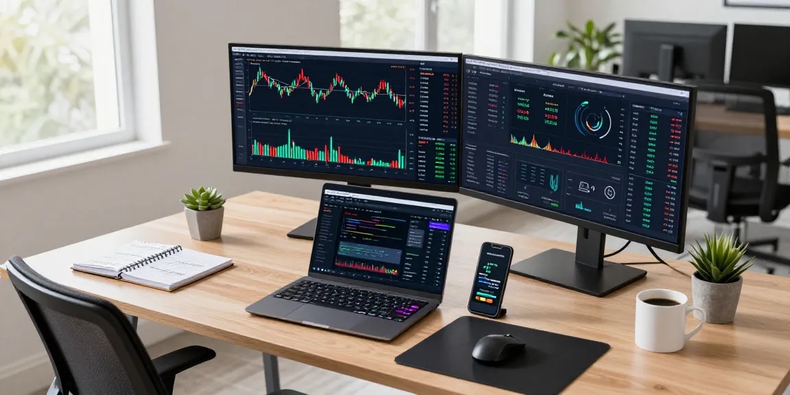 Trusted cloud mining company depicted in a professional cryptocurrency trading workspace with monitors showing market data and analytical tools, showcasing innovative blockchain technology.