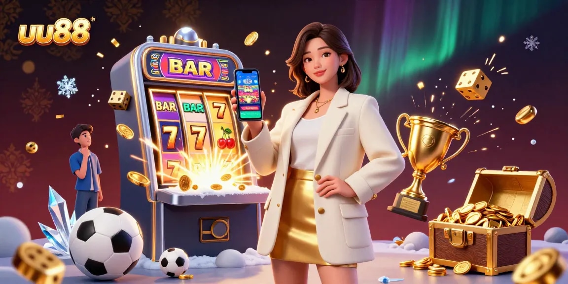 Engage with uu88's vibrant sports betting scene, featuring a friendly woman and dynamic game elements.