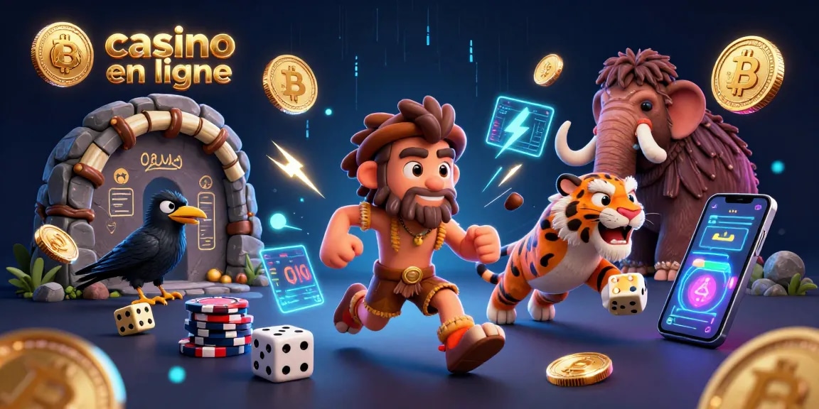 Engagez-vous au casino en ligne avec un duo d'hommes des cavernes et un tigre dans une illustration dynamique.