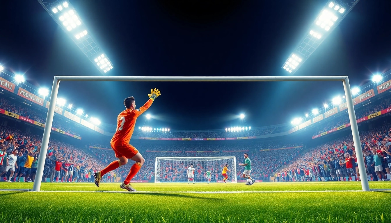 Goalkeeper's save during an exciting football match, emphasizing บอลวันนี events.