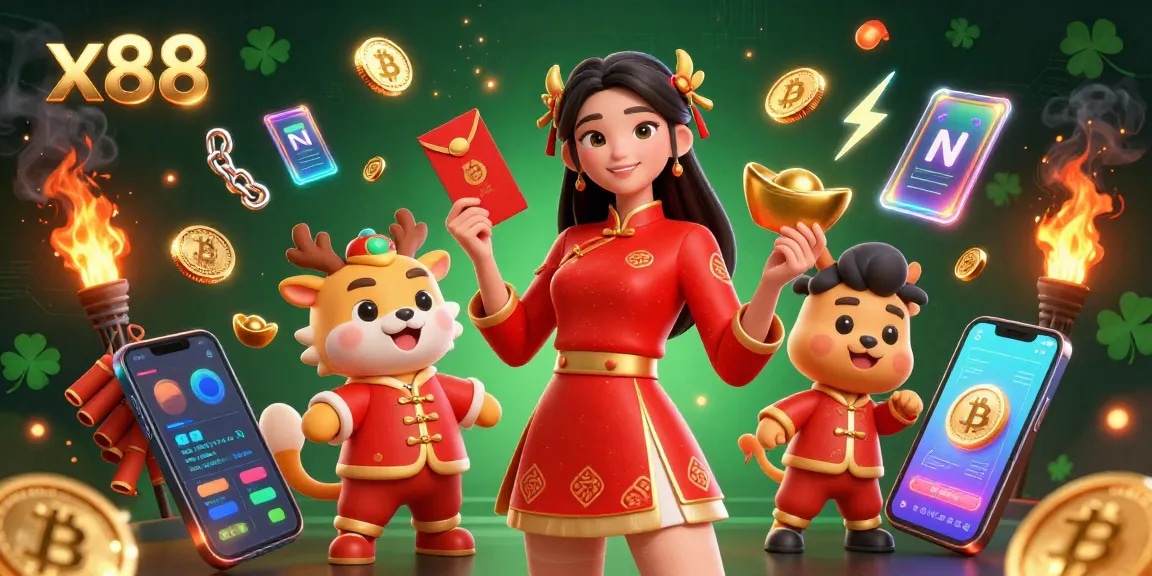Play and win at x88 with stunning vibrant illustrations of casino games and festive motifs.