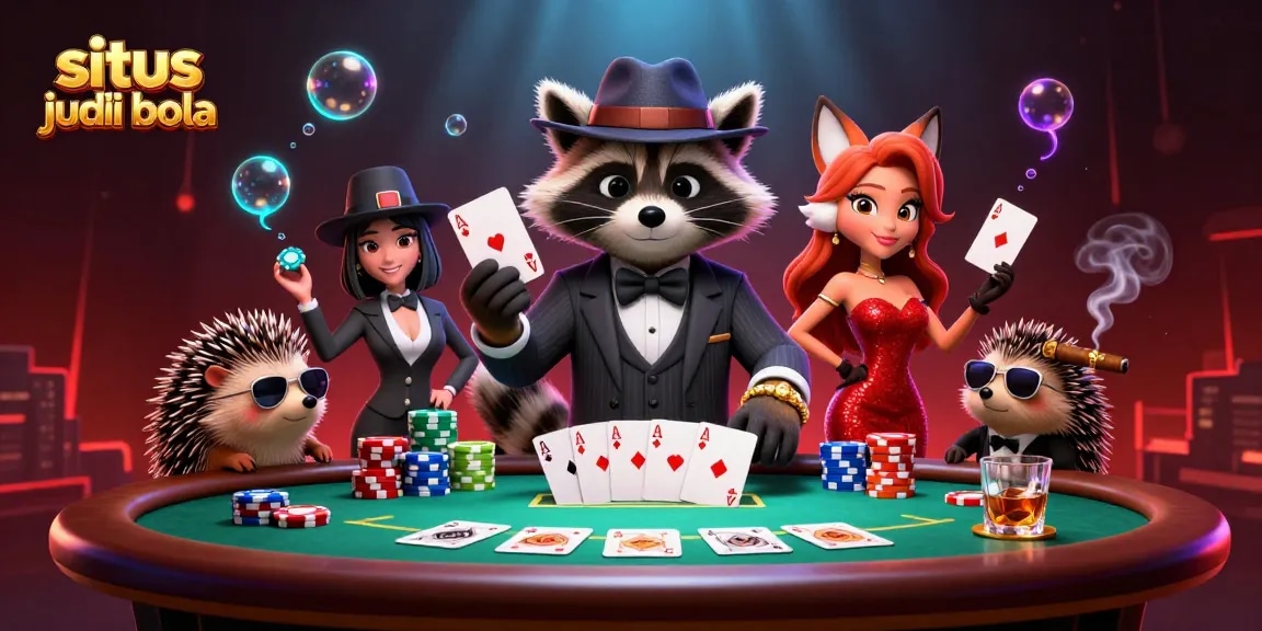 Situs judi bola scene with charming raccoon and fox at a vibrant poker table.