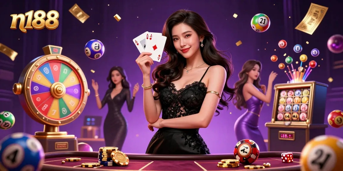 Experience the excitement at n188 with a stunning casino illustration featuring games and dynamic elements.