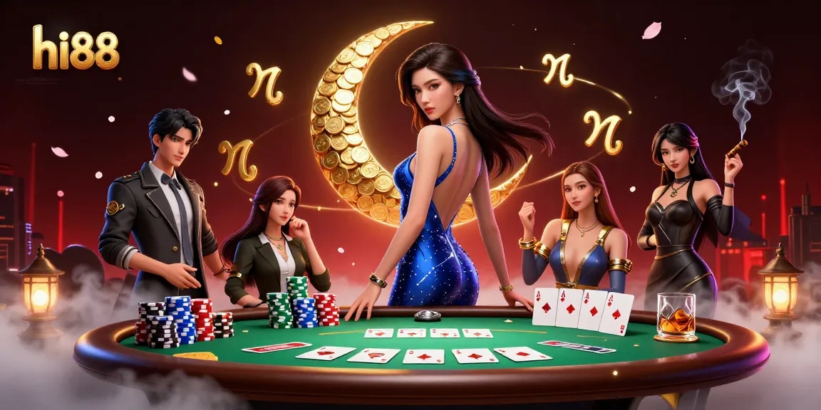 Experience the thrill of hi88 with a stunning poker scene featuring an elegant Asian woman and vibrant gaming elements.