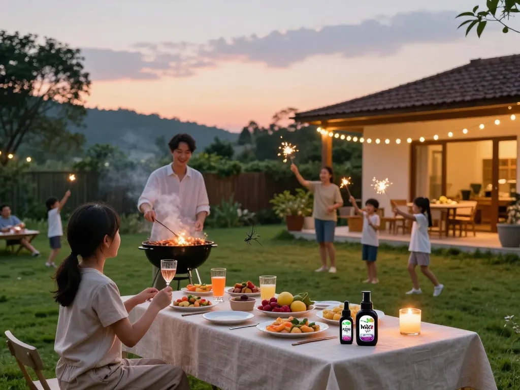 Family enjoying a summer barbecue outdoors protected by effective mosquito repellent products amidst a vibrant sunset.