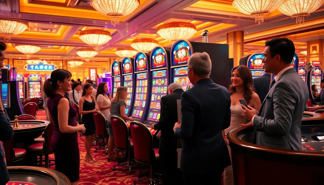 Enthusiastic players enjoying the slot demo mahjong in a vibrant casino setting.