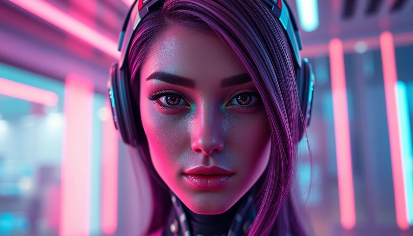 Engaging AI sex interaction featuring a futuristic character in a vibrant digital space.