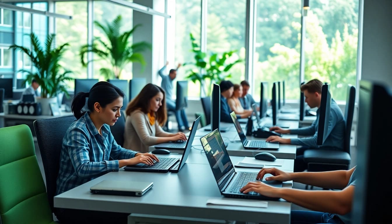 Enhance typing skills at a professional typing center showcasing focused individuals in a modern office.