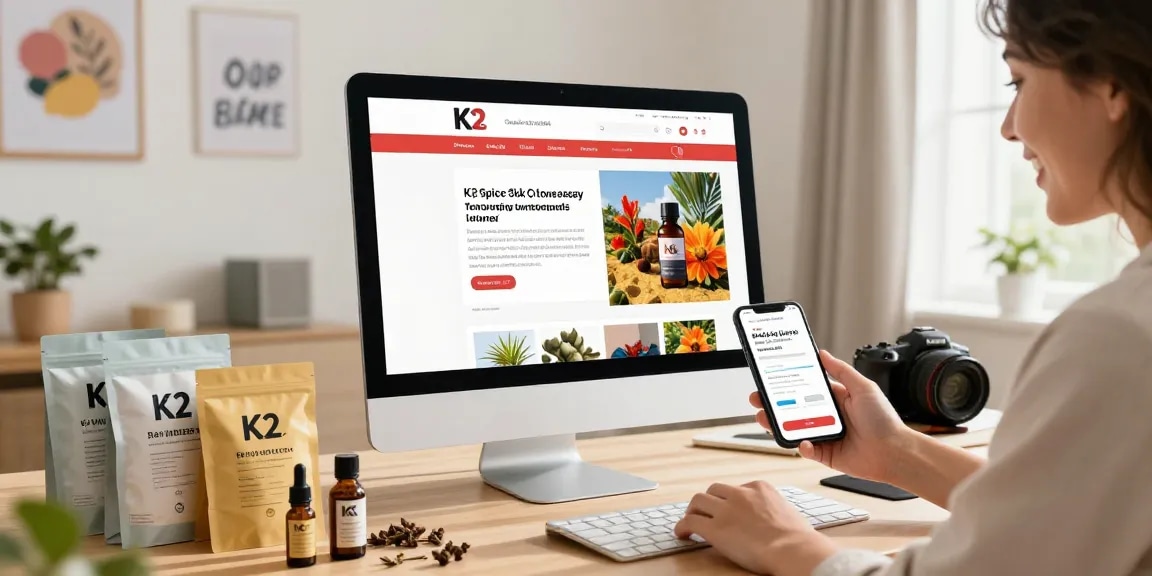 Happy customer explores options to buy K2 Spice Spray On Letter online, showcasing an inviting home office atmosphere.