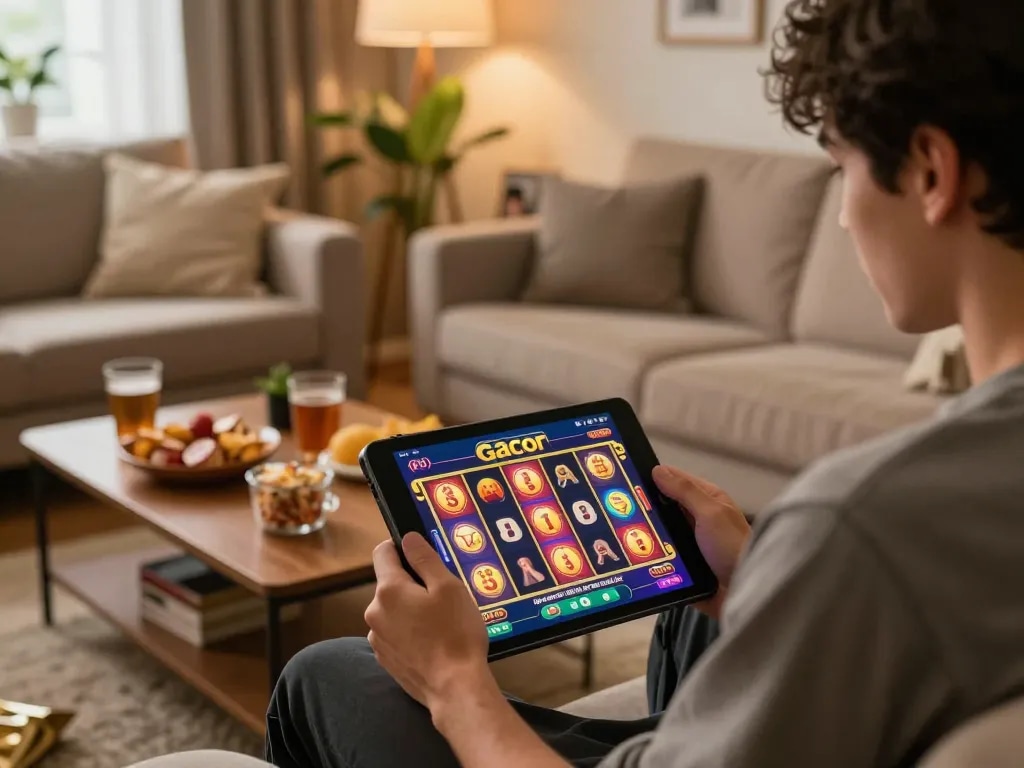 Player enjoying slot gacor gameplay on a tablet in a cozy home, warm atmosphere.